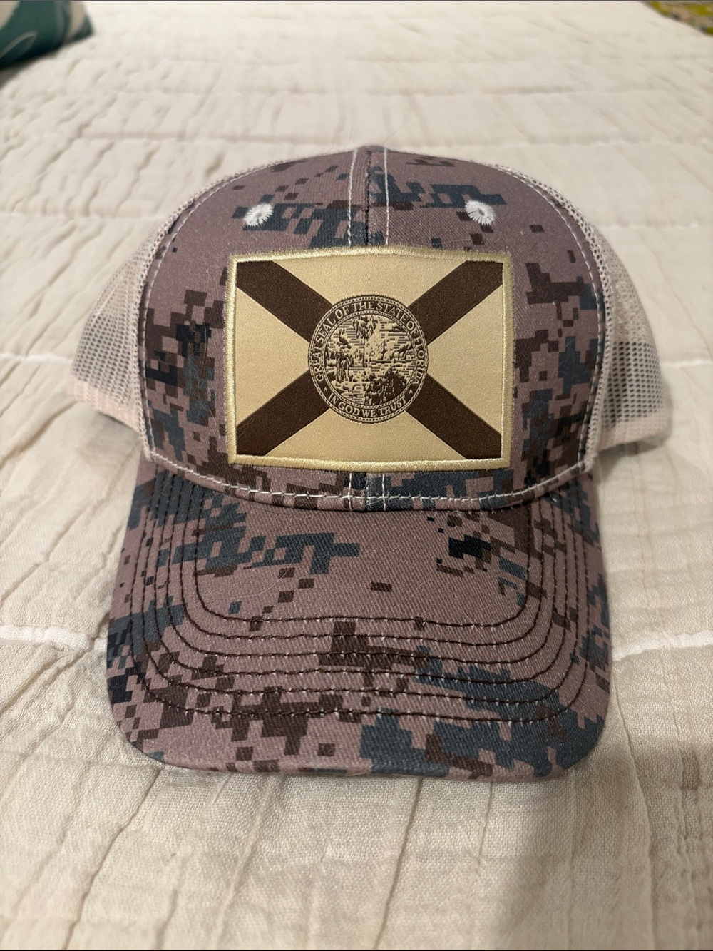 Flogrown Camo Trucker Hat with Florida Flag Patch